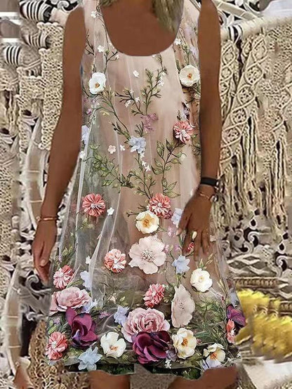 Floral Print Round Neck Sleeveless Mini Dresses - LuckyFash™