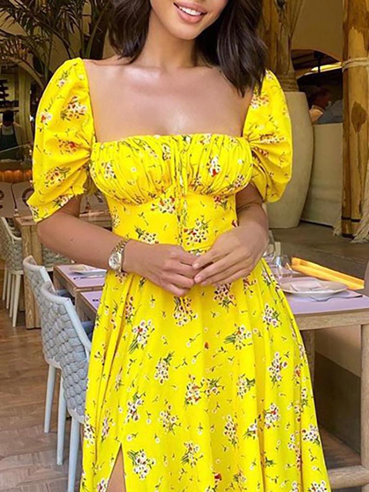 Floral Print Ruched High Slit Maxi Dress - LuckyFash™