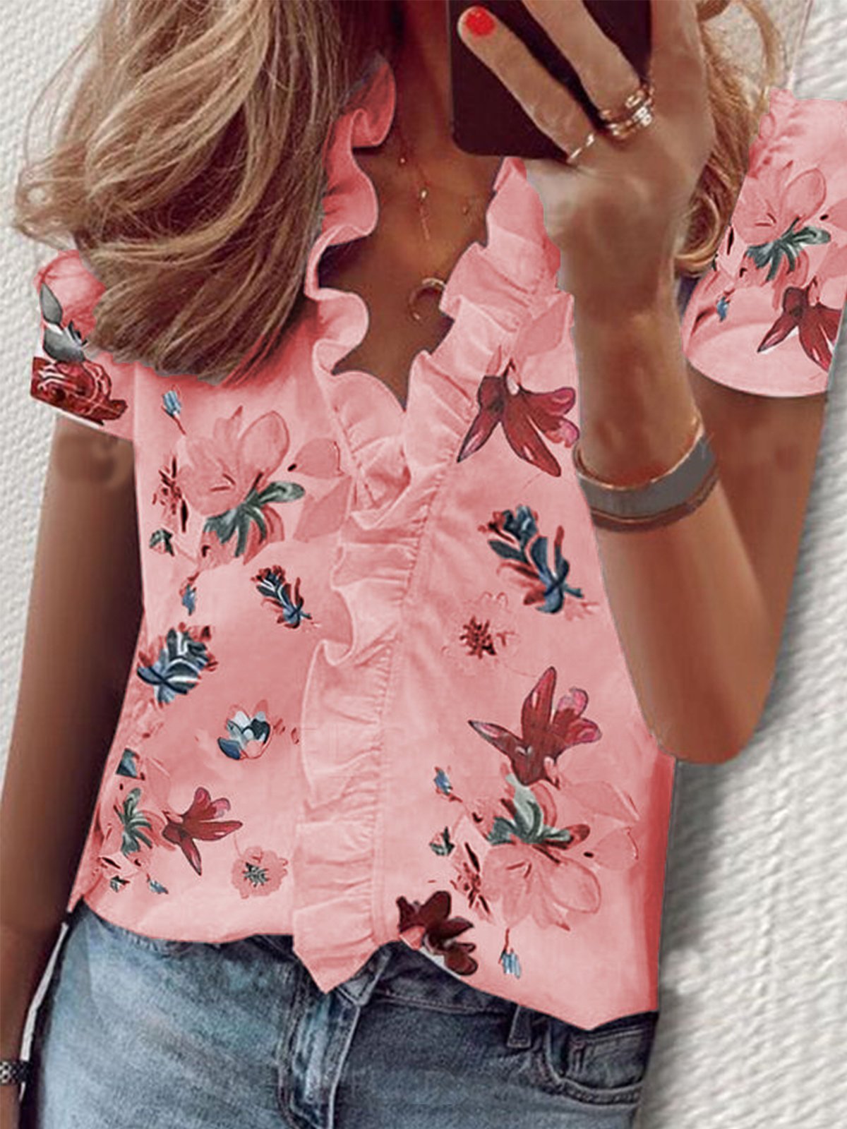 Floral Print Ruffle Short Sleeve Blouses - LuckyFash™