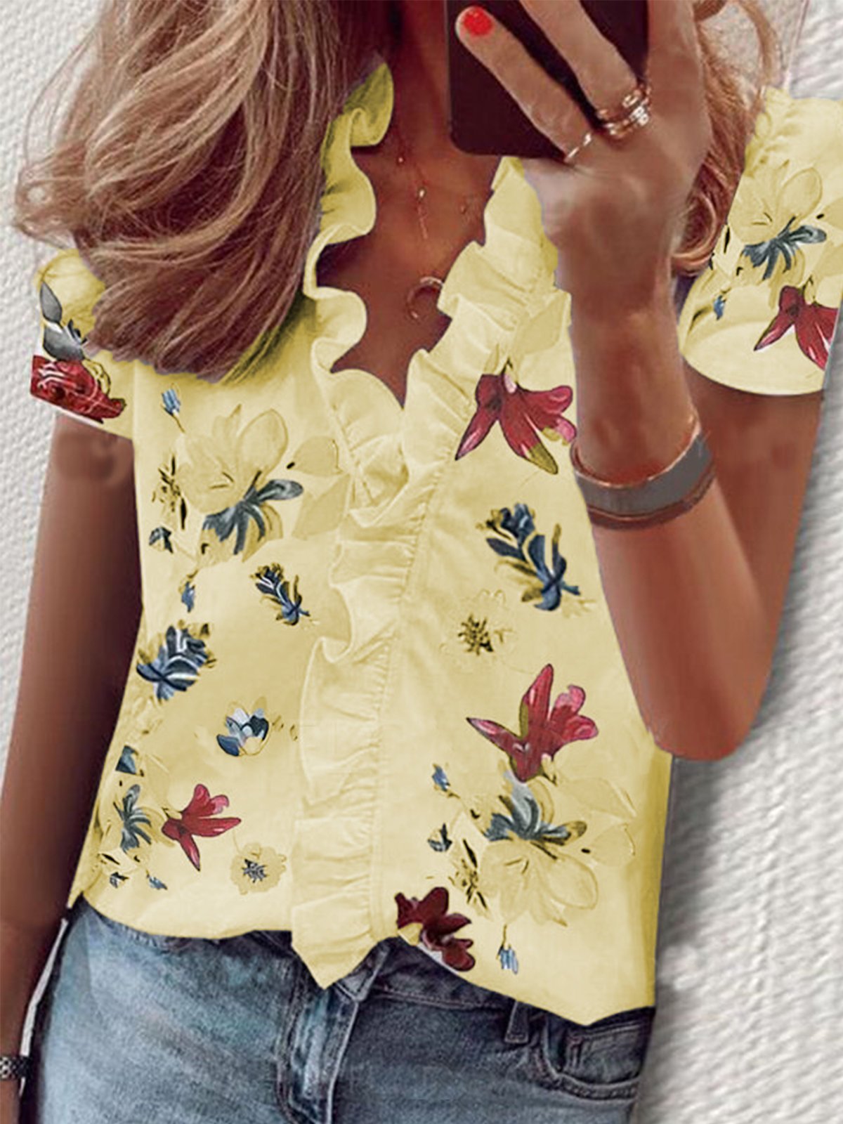 Floral Print Ruffle Short Sleeve Blouses - LuckyFash™