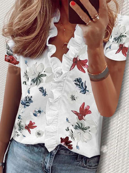 Floral Print Ruffle Short Sleeve Blouses - LuckyFash™
