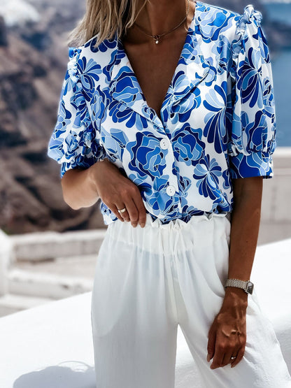 Floral Print Ruffled Single Breasted Short Sleeve Blouses - LuckyFash™
