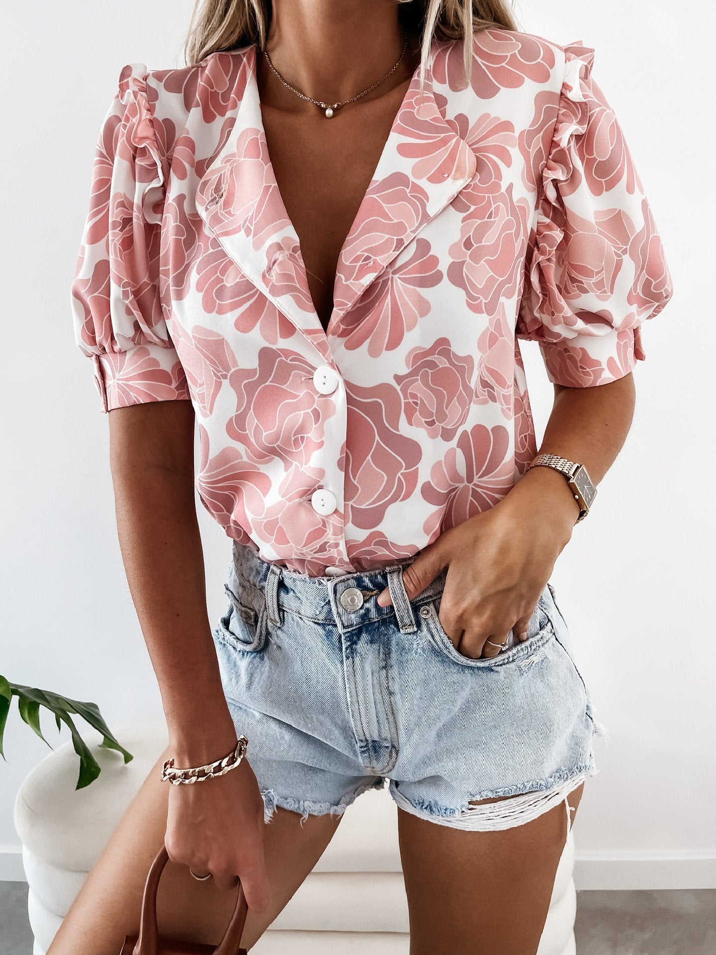 Floral Print Ruffled Single Breasted Short Sleeve Blouses - LuckyFash™