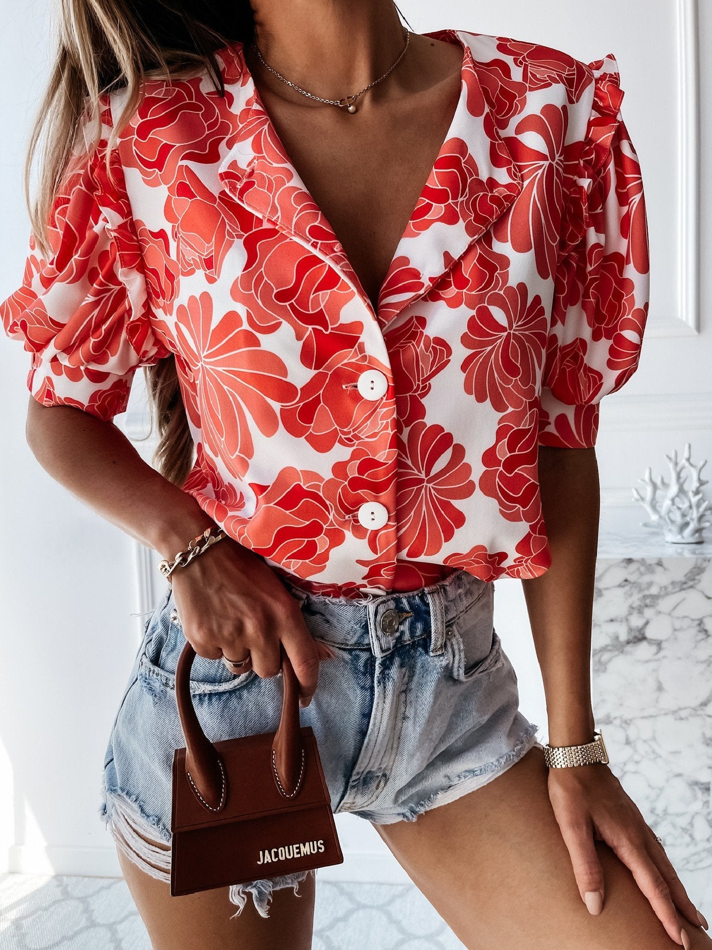 Floral Print Ruffled Single Breasted Short Sleeve Blouses - LuckyFash™
