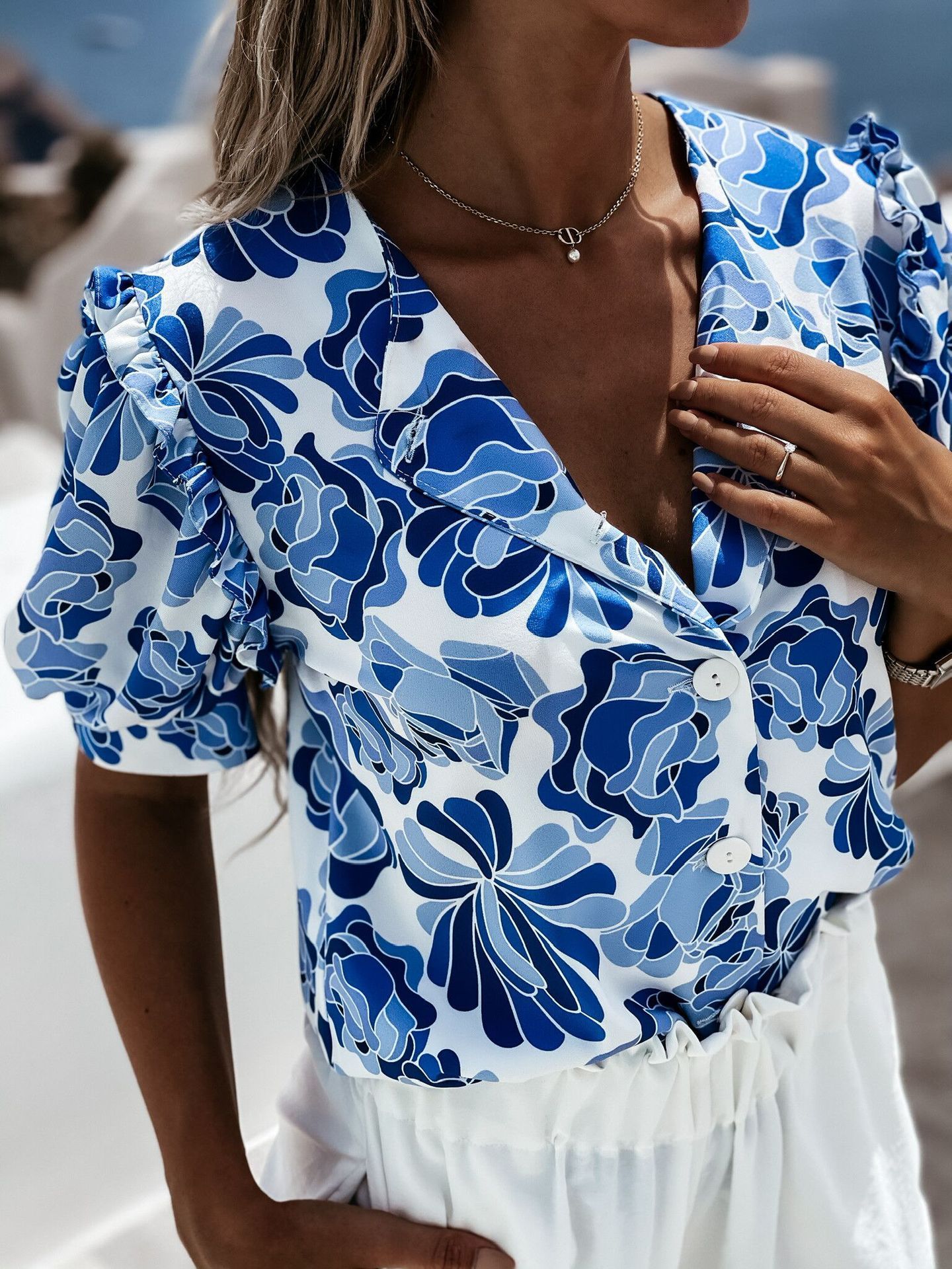 Floral Print Ruffled Single Breasted Short Sleeve Blouses - LuckyFash™