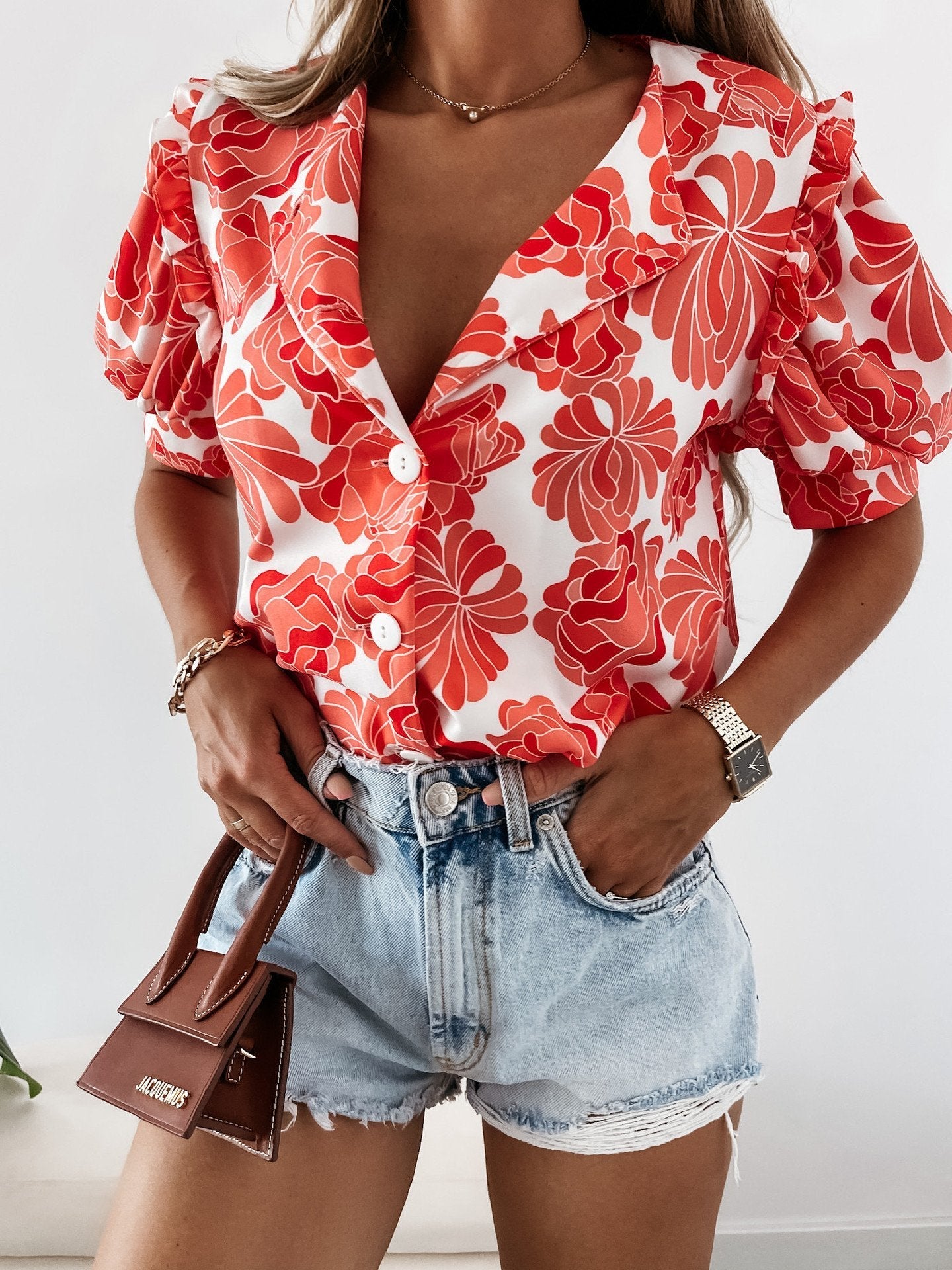 Floral Print Ruffled Single Breasted Short Sleeve Blouses - LuckyFash™