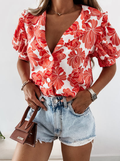 Floral Print Ruffled Single Breasted Short Sleeve Blouses - LuckyFash™