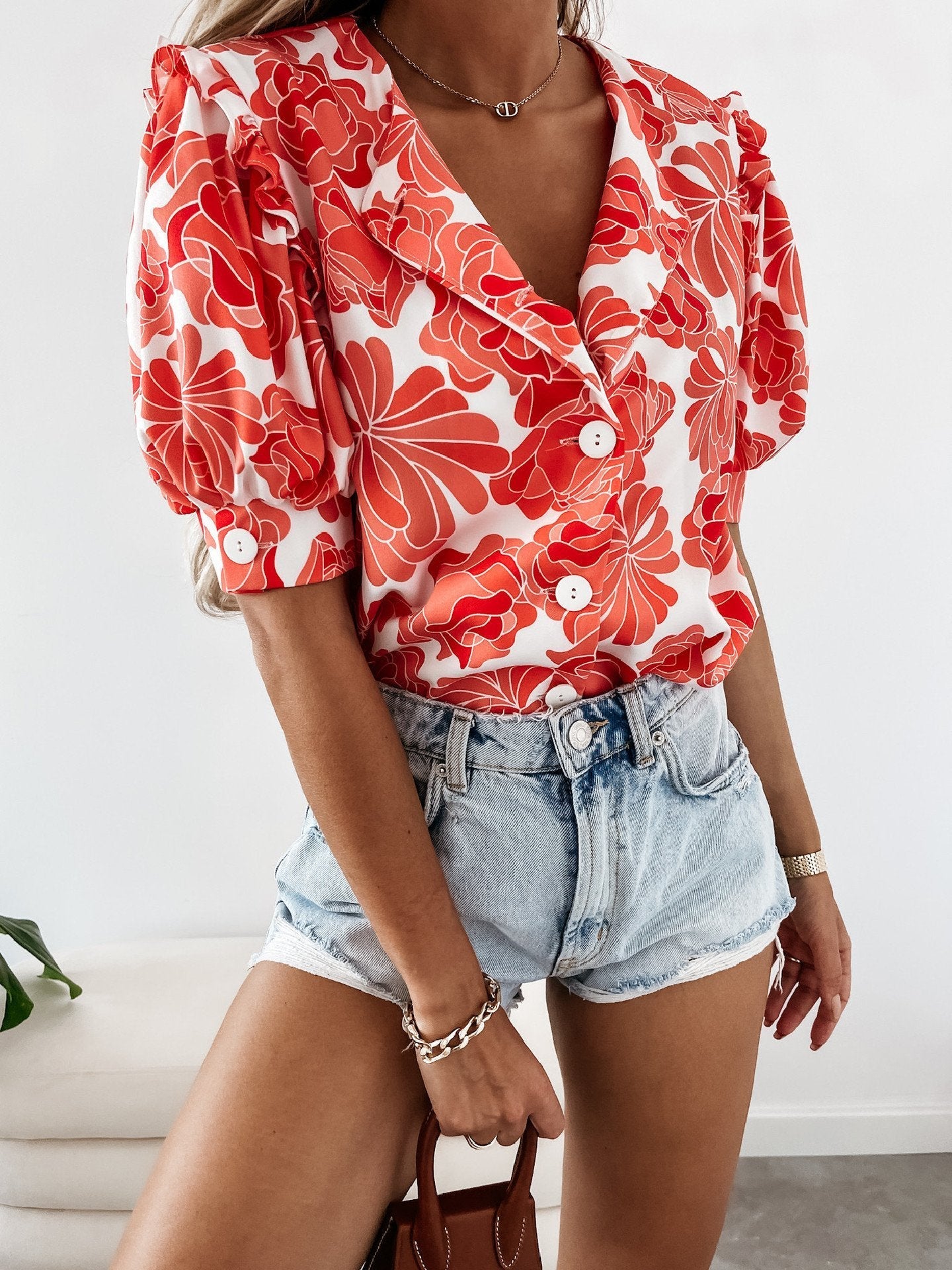Floral Print Ruffled Single Breasted Short Sleeve Blouses - LuckyFash™
