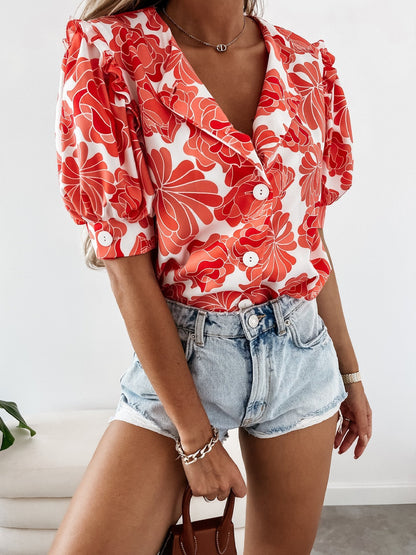 Floral Print Ruffled Single Breasted Short Sleeve Blouses - LuckyFash™