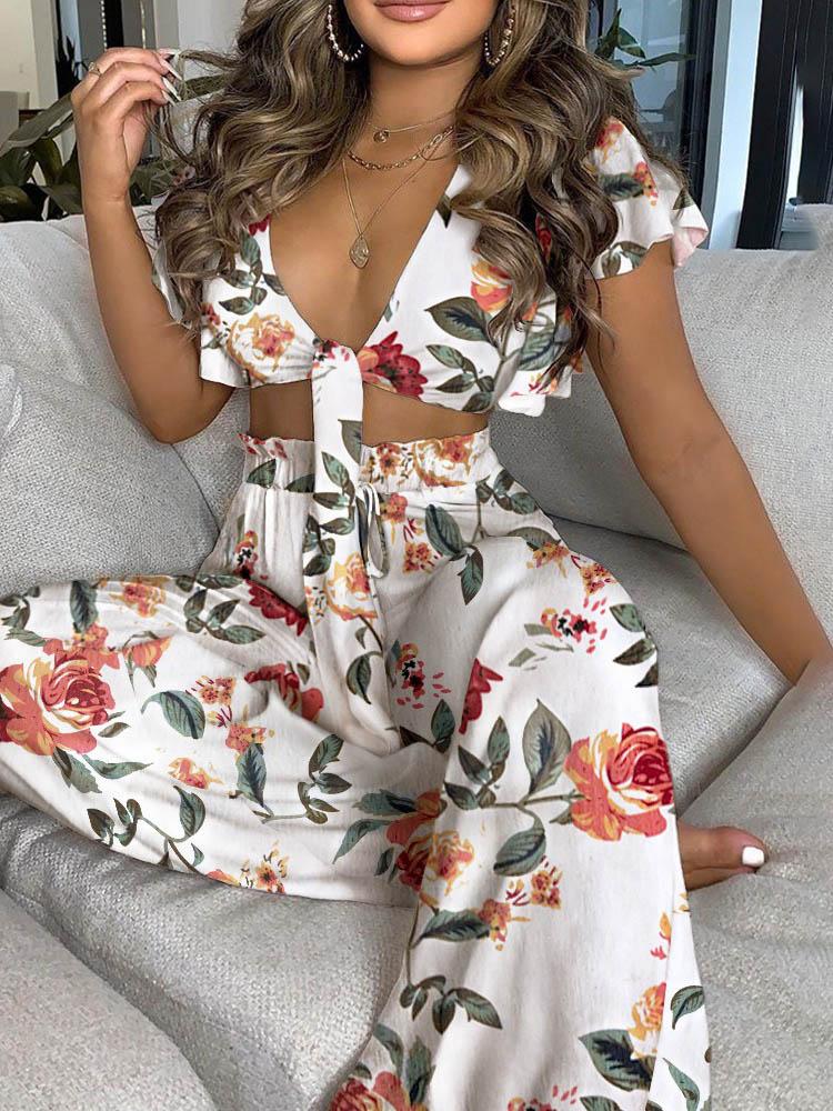 Floral Print Ruffles Knotted Front Top & High Waisted Pants Set - LuckyFash™