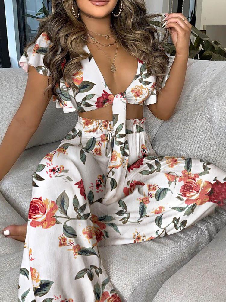 Floral Print Ruffles Knotted Front Top & High Waisted Pants Set - LuckyFash™