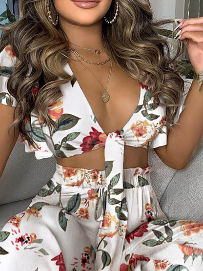 Floral Print Ruffles Knotted Front Top & High Waisted Pants Set - LuckyFash™
