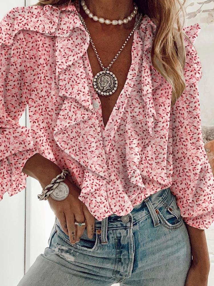 Floral Print Ruffles Long Sleeve Top - LuckyFash™
