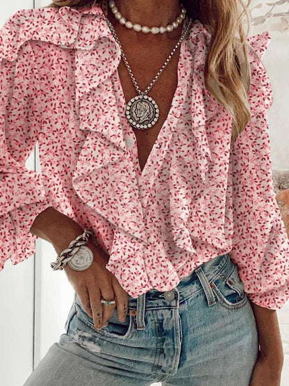 Floral Print Ruffles Long Sleeve Top - LuckyFash™