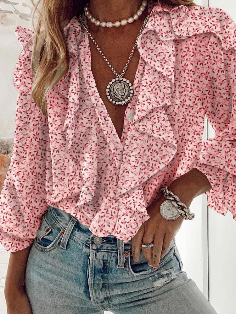 Floral Print Ruffles Long Sleeve Top - LuckyFash™