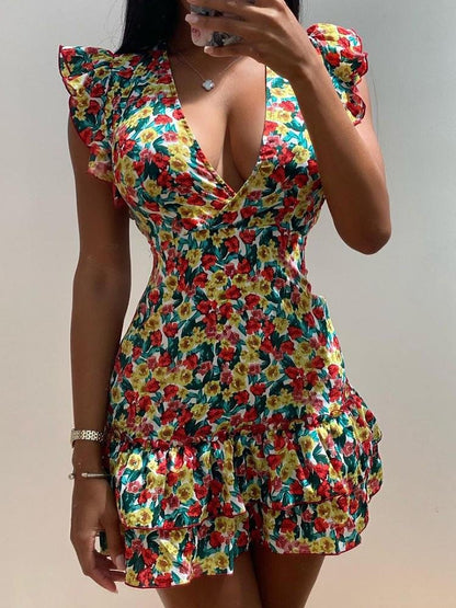 Floral Print Ruffles Trim Flutter Sleeve Casual Dress - LuckyFash™