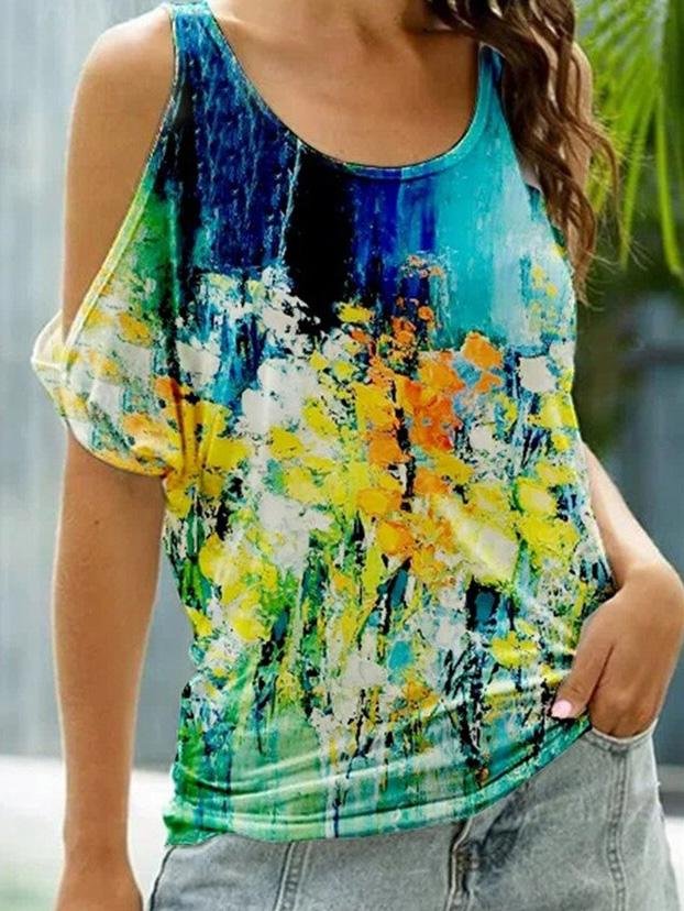 Floral Print Short Sleeve Off The Shoulder Casual T-Shirt - LuckyFash™
