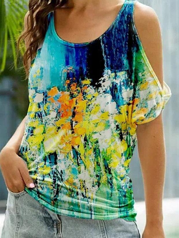 Floral Print Short Sleeve Off The Shoulder Casual T-Shirt - LuckyFash™