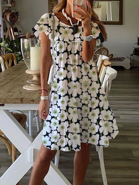 Floral Print Short Sleeve Round Neck Casual Dress - LuckyFash™