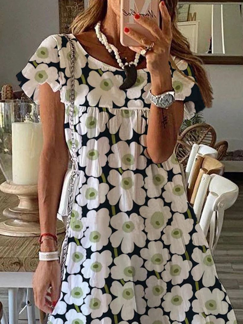 Floral Print Short Sleeve Round Neck Casual Dress - LuckyFash™