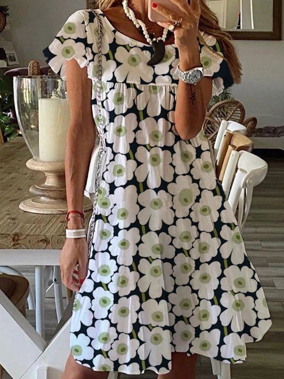 Floral Print Short Sleeve Round Neck Casual Dress - LuckyFash™