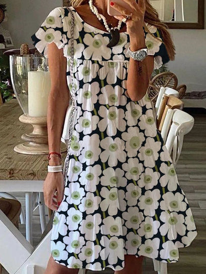 Floral Print Short Sleeve Round Neck Casual Dress - LuckyFash™