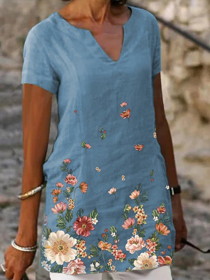 Floral Print Short Sleeve V-Neck Casual T-Shirts - LuckyFash™