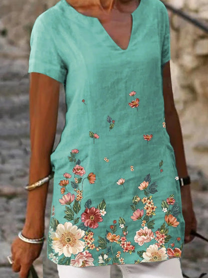 Floral Print Short Sleeve V-Neck Casual T-Shirts - LuckyFash™