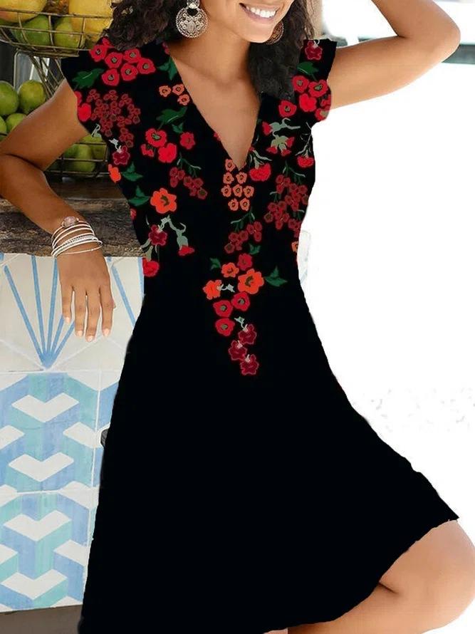 Floral Print Short Sleeve V-Neck Dress - LuckyFash™