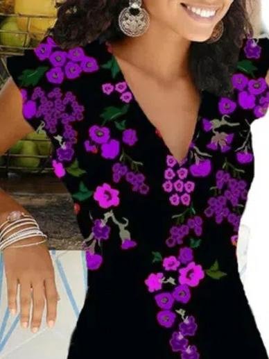 Floral Print Short Sleeve V-Neck Dress - LuckyFash™