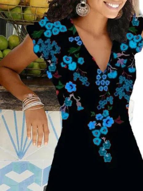Floral Print Short Sleeve V-Neck Dress - LuckyFash™
