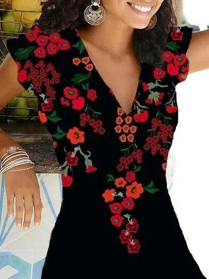 Floral Print Short Sleeve V-Neck Dress - LuckyFash™