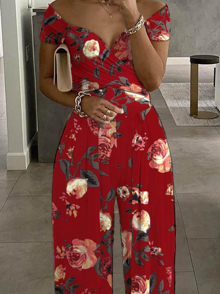 Floral Print Short Sleeve Wide Leg Jumpsuit - LuckyFash™