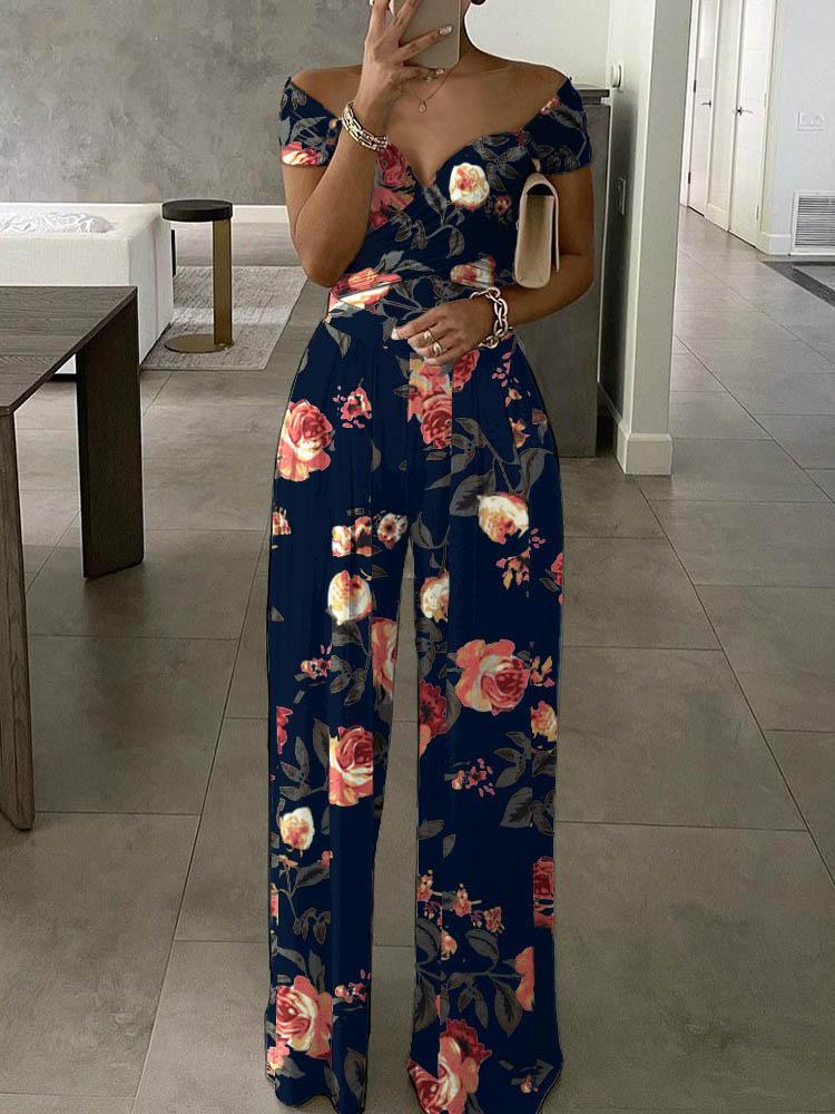 Floral Print Short Sleeve Wide Leg Jumpsuit - LuckyFash™