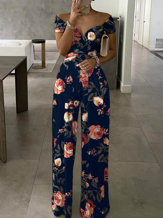 Floral Print Short Sleeve Wide Leg Jumpsuit - LuckyFash™