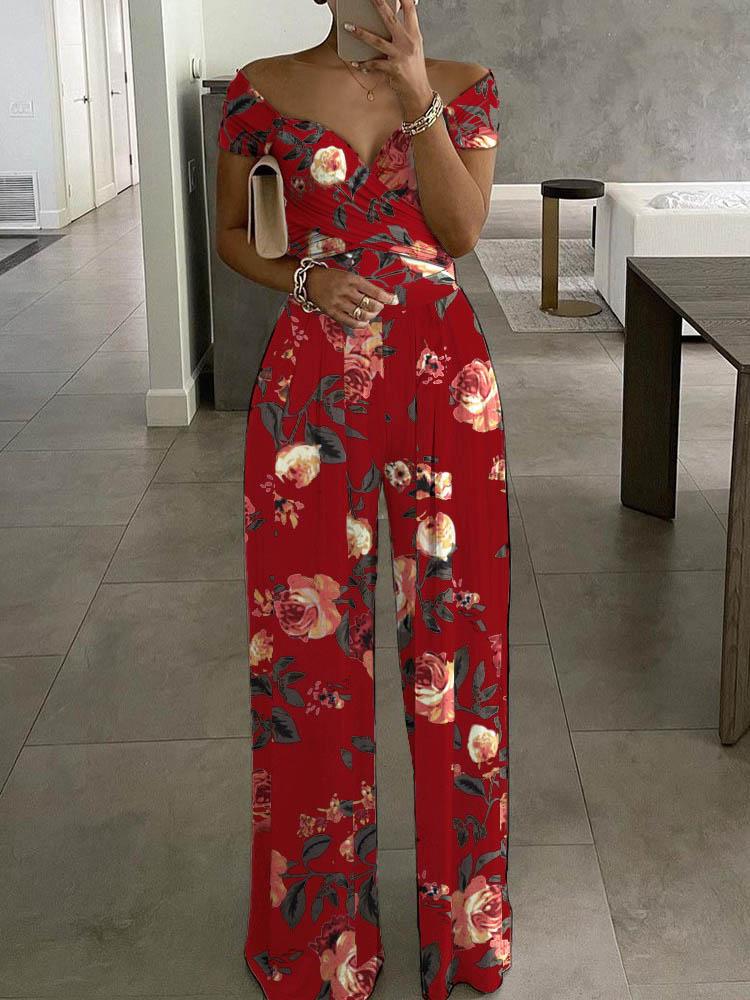 Floral Print Short Sleeve Wide Leg Jumpsuit - LuckyFash™
