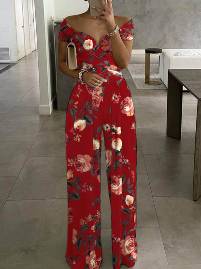 Floral Print Short Sleeve Wide Leg Jumpsuit - LuckyFash™