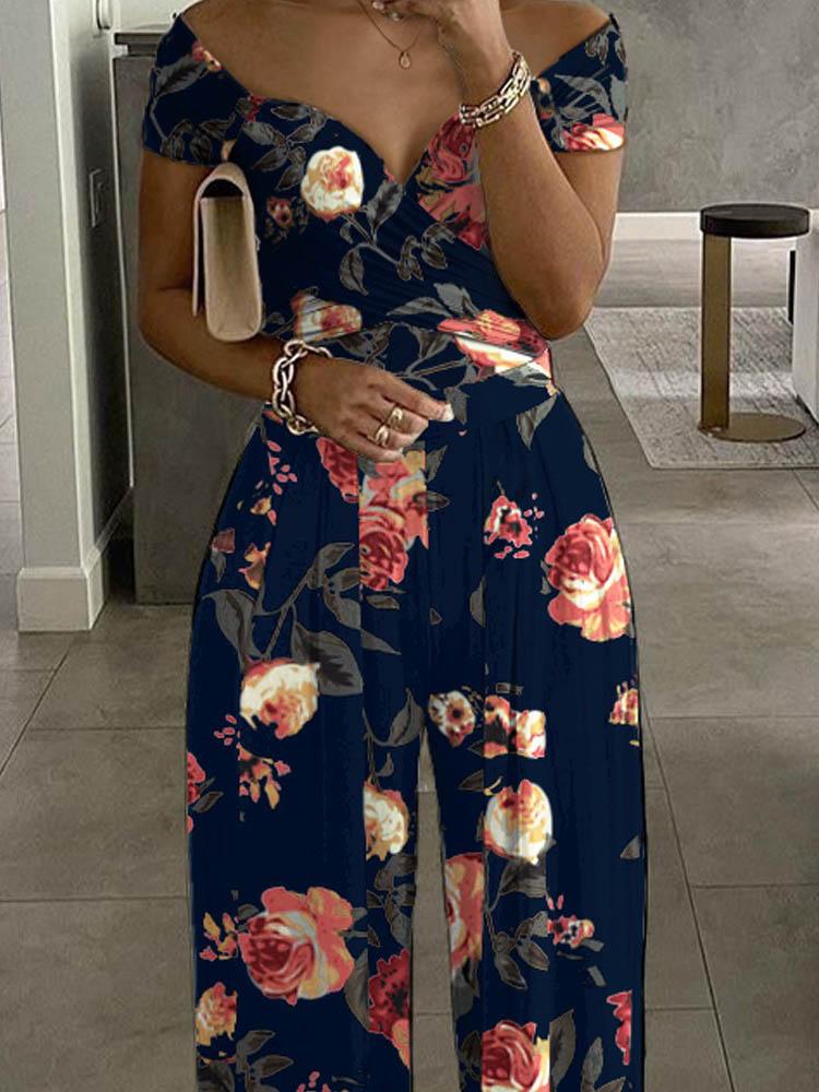 Floral Print Short Sleeve Wide Leg Jumpsuit - LuckyFash™