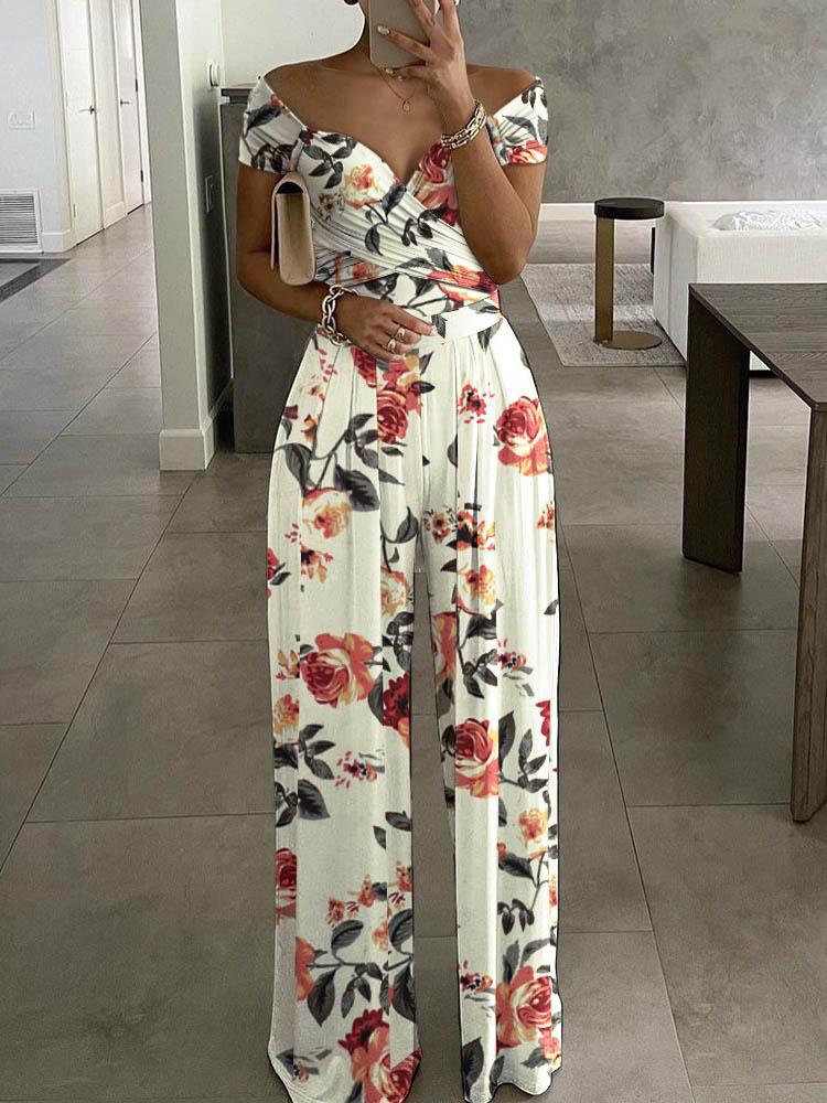 Floral Print Short Sleeve Wide Leg Jumpsuit - LuckyFash™