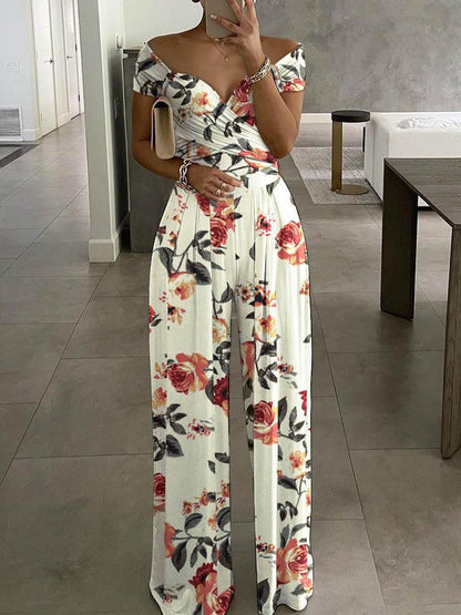 Floral Print Short Sleeve Wide Leg Jumpsuit - LuckyFash™