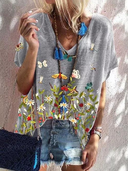 Floral Print Short-sleeved Loose V-neck Top - LuckyFash™