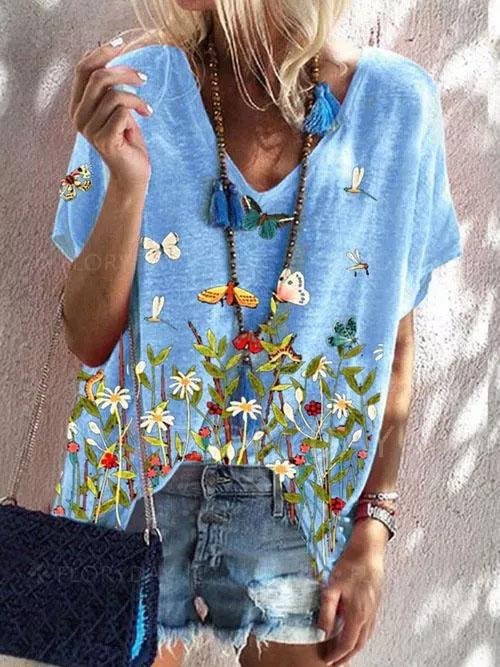 Floral Print Short-sleeved Loose V-neck Top - LuckyFash™