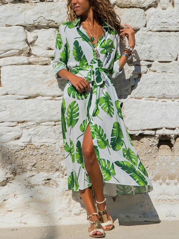 Floral Print Split Ankle Length Shirt Dress - LuckyFash™