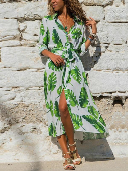 Floral Print Split Ankle Length Shirt Dress - LuckyFash™
