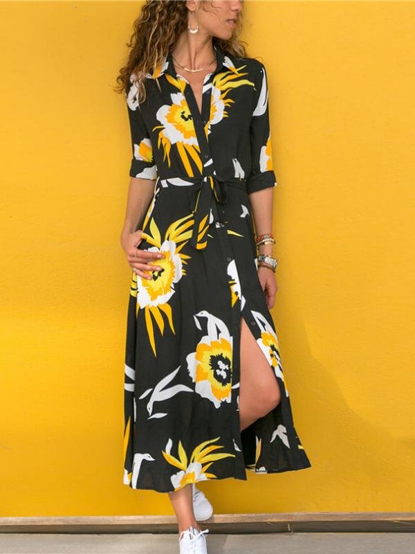 Floral Print Split Ankle Length Shirt Dress - LuckyFash™