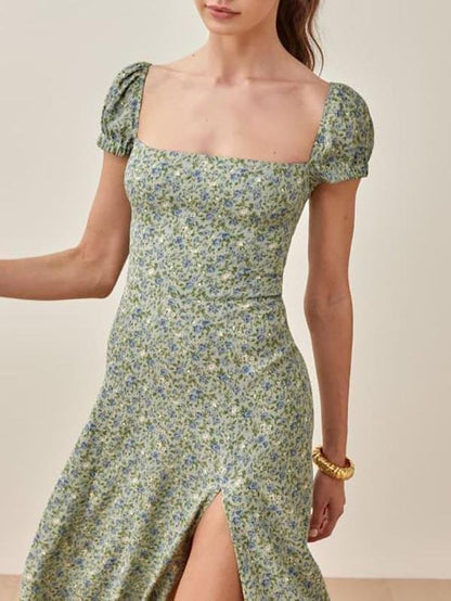 Floral Print Square Neck Split Short Sleeve Dress - LuckyFash™