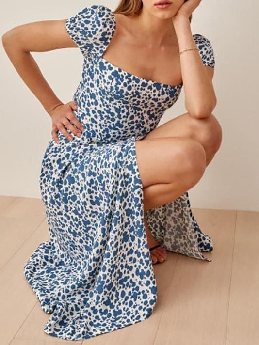 Floral Print Square Neck Split Short Sleeve Dress - LuckyFash™