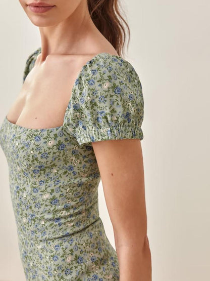 Floral Print Square Neck Split Short Sleeve Dress - LuckyFash™