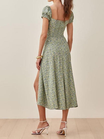 Floral Print Square Neck Split Short Sleeve Dress - LuckyFash™