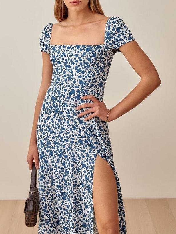 Floral Print Square Neck Split Short Sleeve Dress - LuckyFash™
